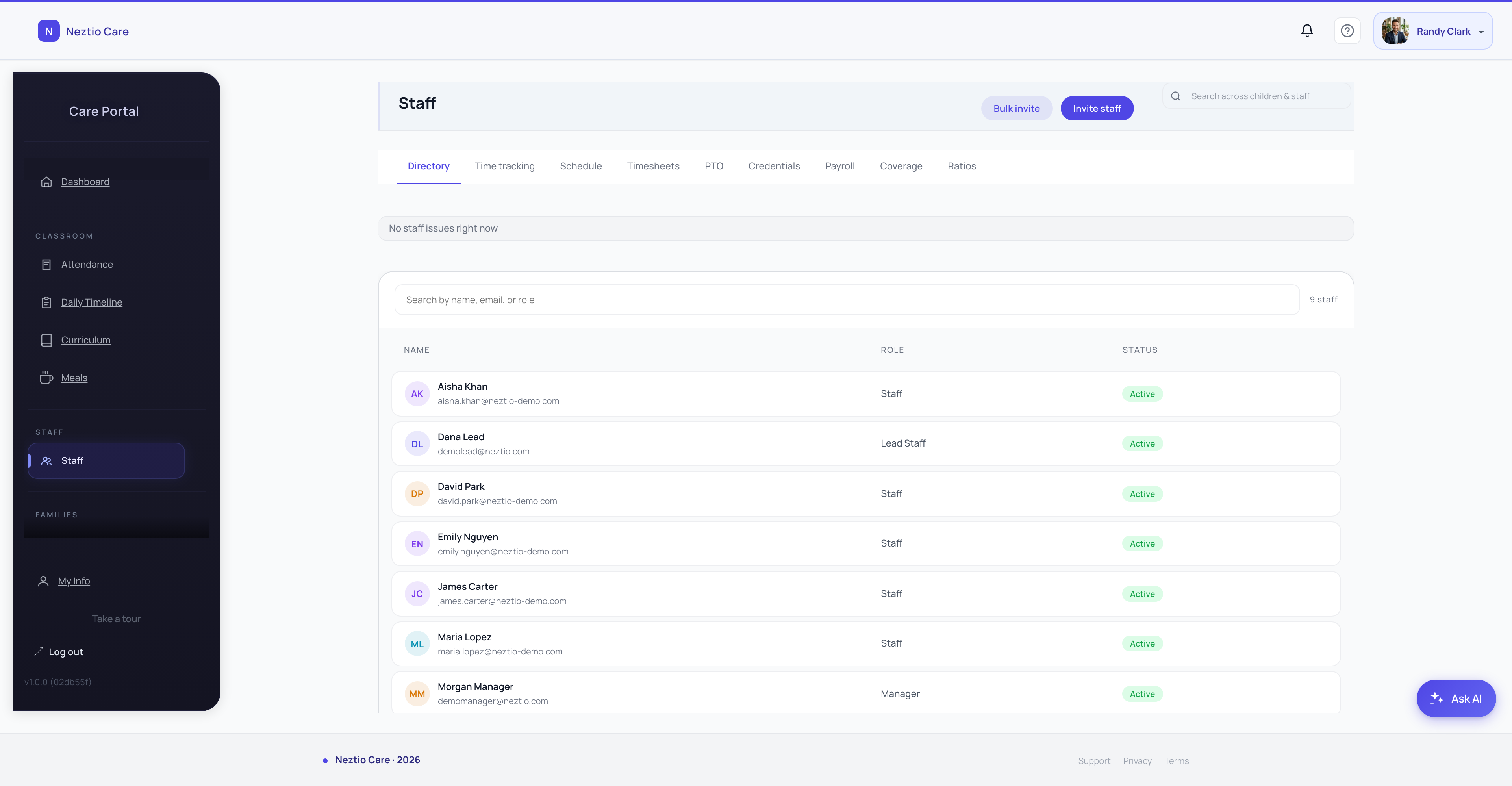 Staff directory and management for tracking team stability